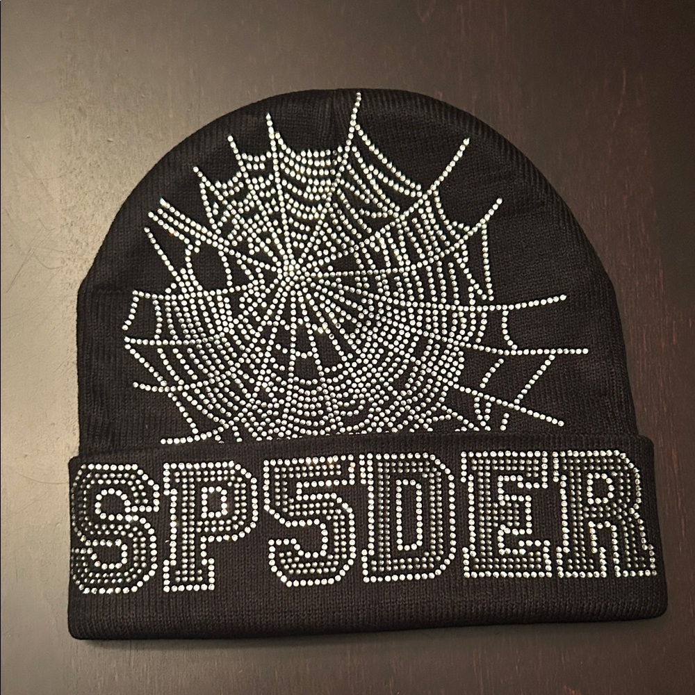 SP5DER Black Beanie with Web Design